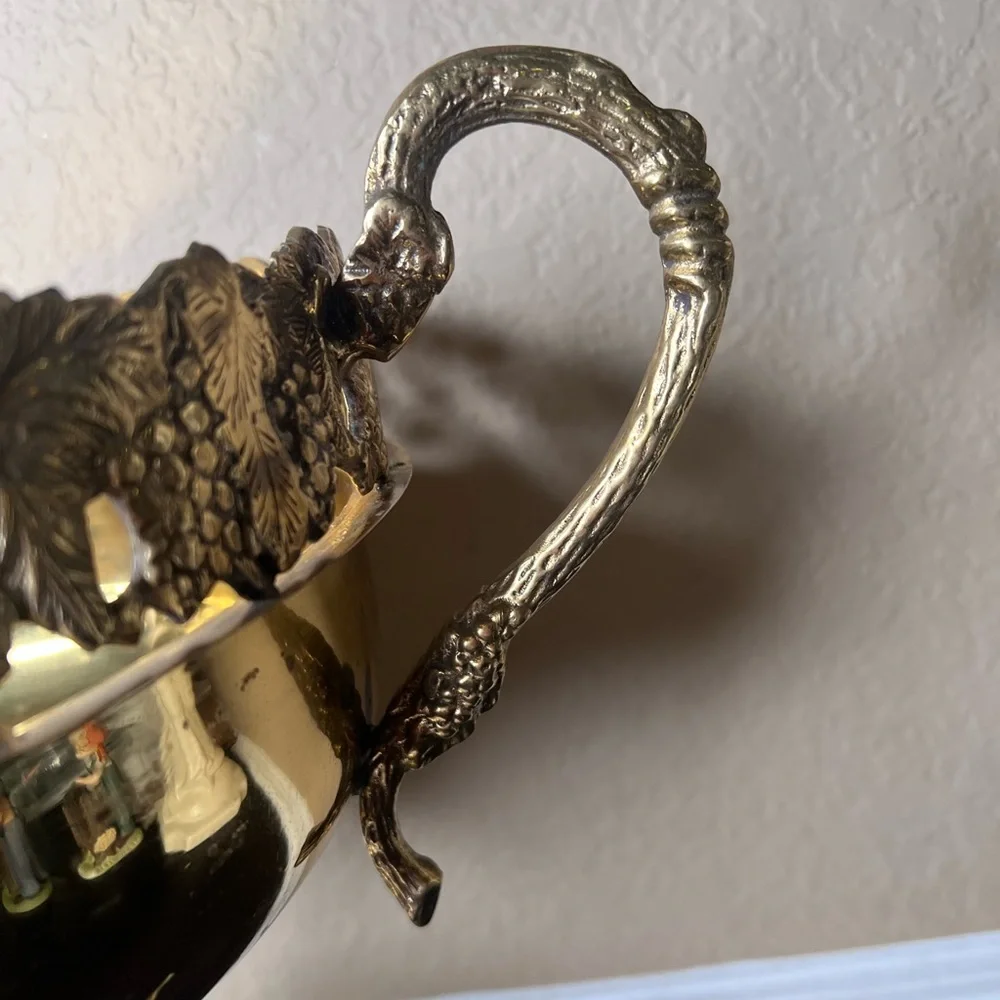 Mid-Century Brass Pedestal Urn Bowl – Pierced Rim, Vine Handles, Grape Cluster